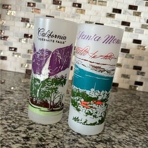 *VINTAGE* 
Blakely Gas Yosemite Falls and Santa Monica frosted Souvenir Glasses